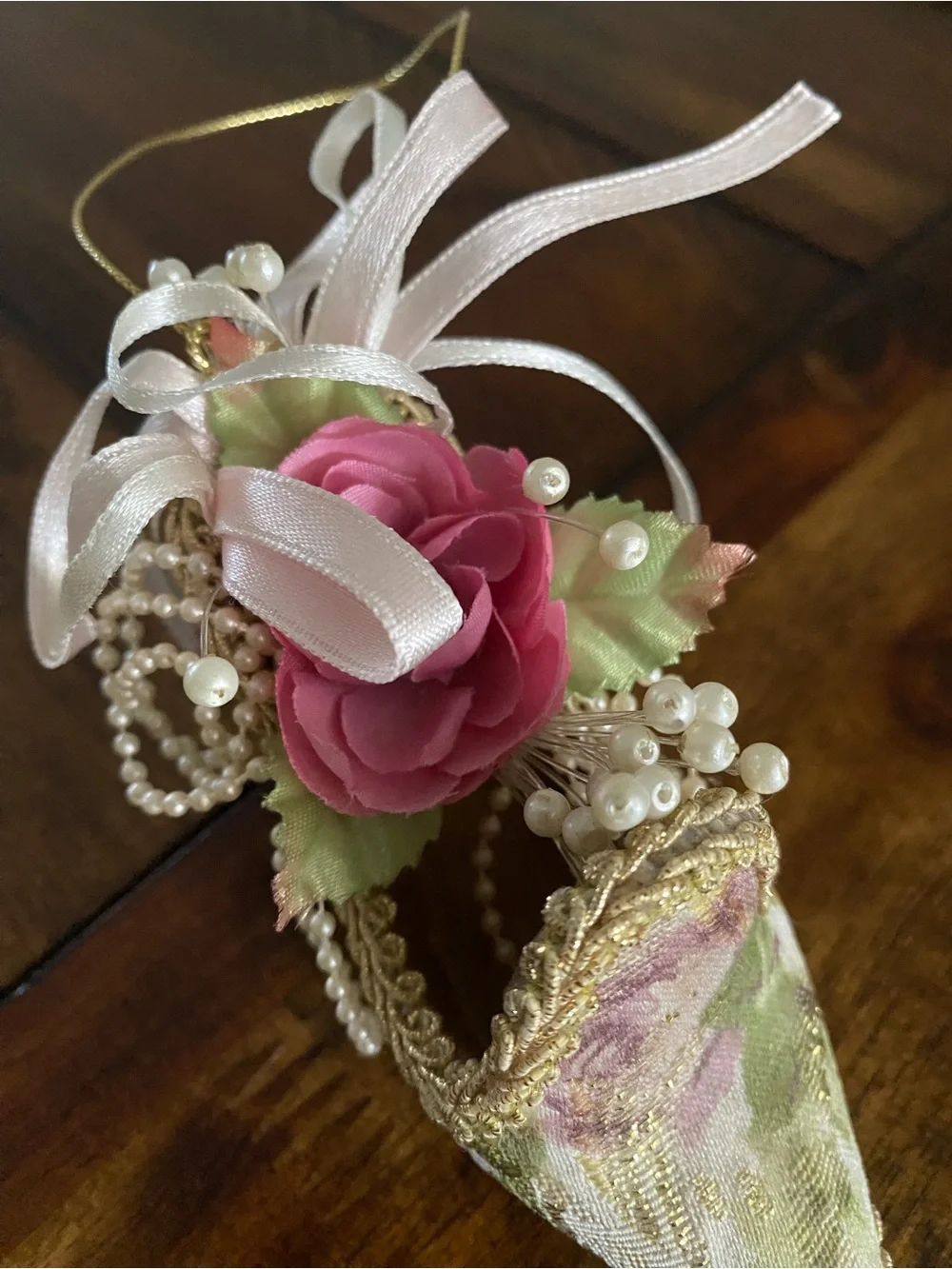 Vintage Victorian Style Decorative Shoe Ornament Pink Rose Floral Gold Trim